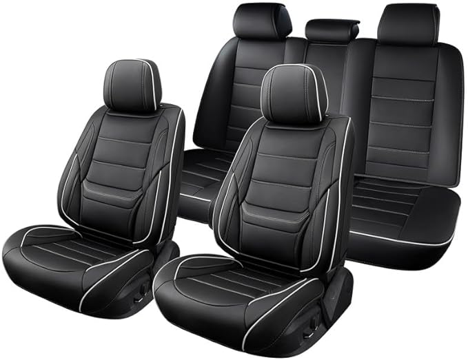 Car Seat Covers Full Set Custom Fit for Chevy Equinox 2005-2025 2026-Luxury Leather with Lumbar Support, Breathable, Waterproof, Anti-Slip, Durable, Easy to Install (Black&White,Full Set)