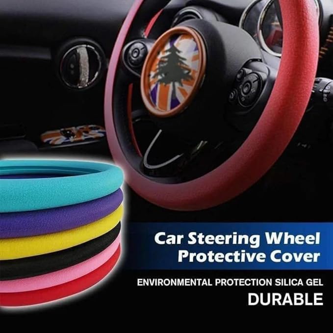 Car Steering Wheel Protective Cover, Silicone Steering Wheel Cover Grip, Cool Non-Slip Thin Steering Wheel Protector, Stretchy, Silent, Fits 13/14/15/16 inch Wheels (Pink)