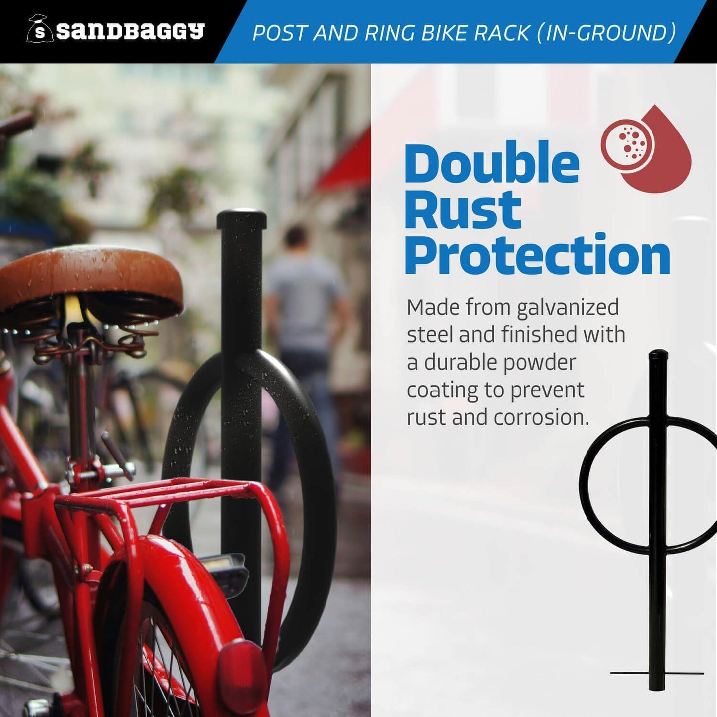 Sandbaggy Post and Ring Rack - In Ground - Commercial Outdoor Bike Parking & Storage Racks (Blue, 1)