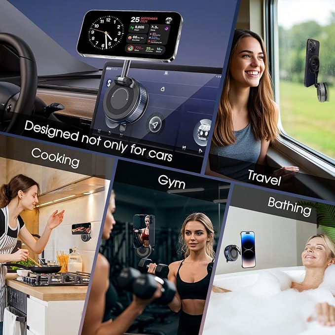 360° Rotatable Vacuum Magnetic Phone Holder, Foldable and Retractable Suction Cup Car Phone Mount for Car/Gym/Mirror/Smooth Surface, Compatible with iPhone Android and All Smartphones (Black)