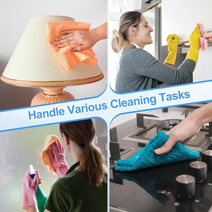 HARFINGTON 6 Pack Microfiber Cleaning Cloth, 8" x 8" Multi-Functional Cleaning Towels Reusable Absorbent Rags with Hook for Car Wash Kitchen Household Window Clean, Purple