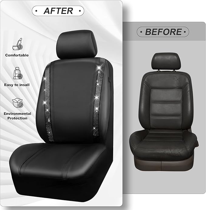 CAR PASS Bling Diamond Car Seat Covers,Shining Rhinestones Waterproof Faux Leather, 8 Seats 3 Rows with Zipper Glitter Crystal Sparkle Strips Universal Fit 95% MPV,SUV,CAR for Women Girl, Black