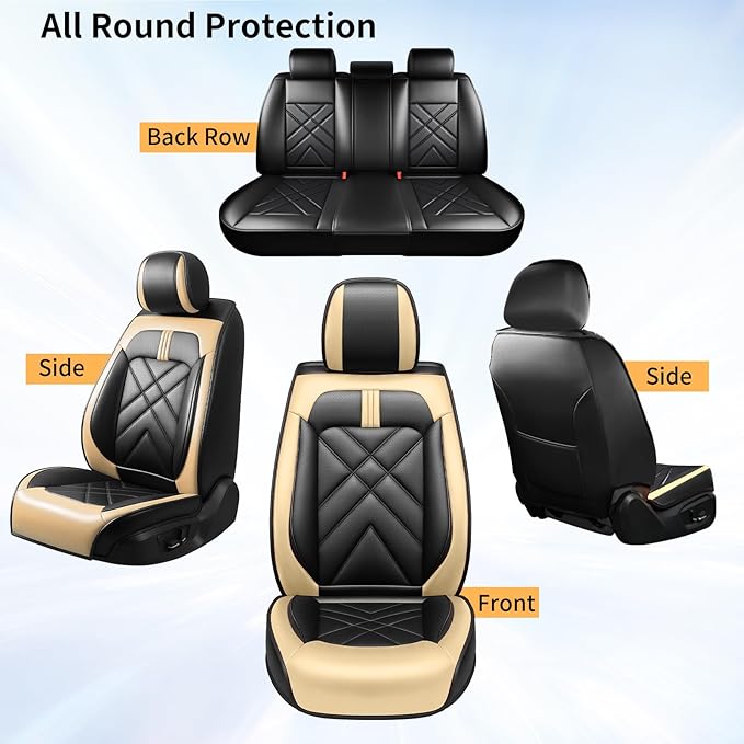 CX-90 Car Seat Covers Custom Fit for Mazda CX-90 2007-2026, Full Coverage Premium Leather Waterproof Breathable Seat Covers, Automotive Seat Protectors, Airbag Compatible(5 Seats, Black Beige)