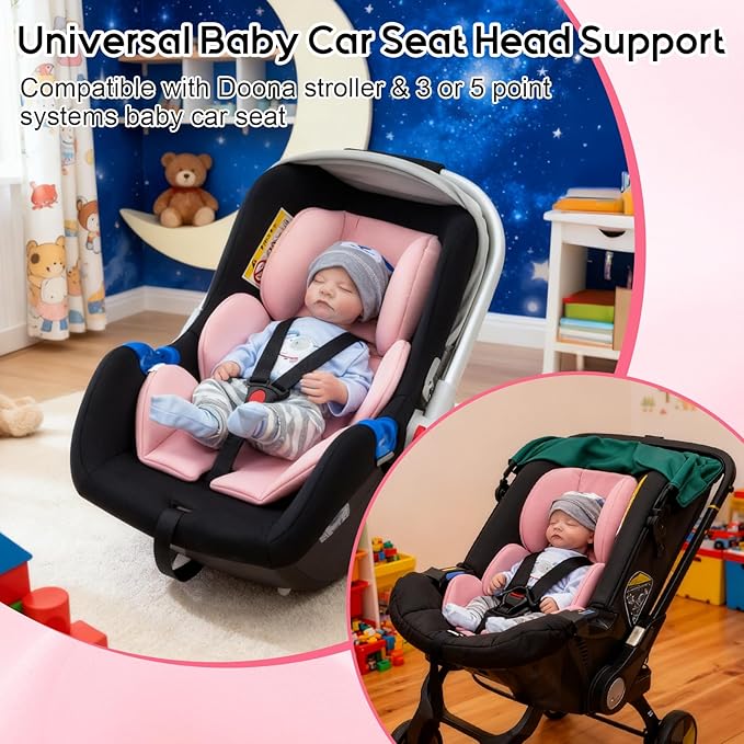 Infant Car Seat Insert with Extra Headrest for Preemie to Newborn, Thickened Baby Car Seat Head Support for Girls Boys, Adjustable Baby Car Seat Cushion with Filled Natural Spong