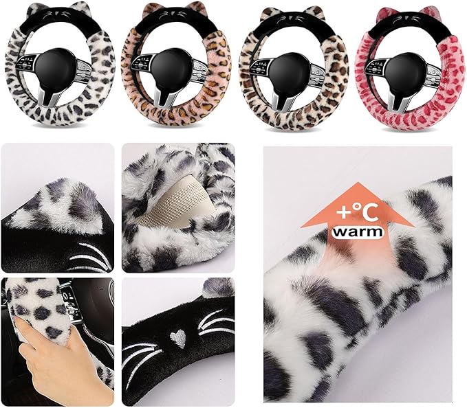 Dotesy 3D Ear Furry Cheetah Car Steering Wheel Cover Set Fluffy Faux Wool Steering Wheel Protector Leopard Anti-Slip Soft Warm Car Accessories for Women (White Khaki)