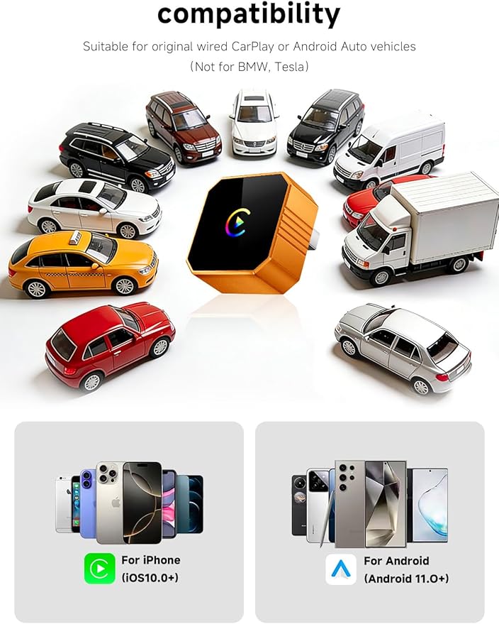 2026 Mini Wireless CarPlay Adapter Upgrade Wired to Wireless for CarPlay & Android Auto Plug and Play Fast Auto-Reconnect Stable Control Zero Delay for iPhone iOS 10+ & Android 11+