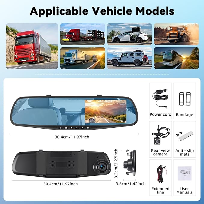 Mirror Dash Cam 4.5 Inch Rear View Mirror Camera 1080P Front and 480P Rear View Dual Cameras with 32G Card, Motion Detection, Night Vision, Parking Assistance, Loop Recording,Exposure Adjustment