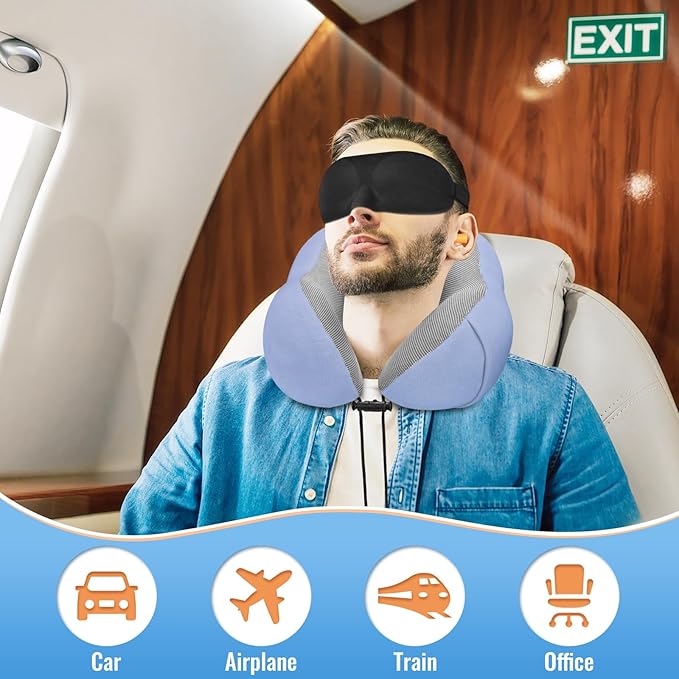 CloudBliss Travel Pillow Premium Memory Foam, Comfortable & Supportive Neck Pillow, Neck Pillows for Sleeping Travel, Airplane Pillow for Sleeping Airplane, Car, Office and Home(Black & Blue)
