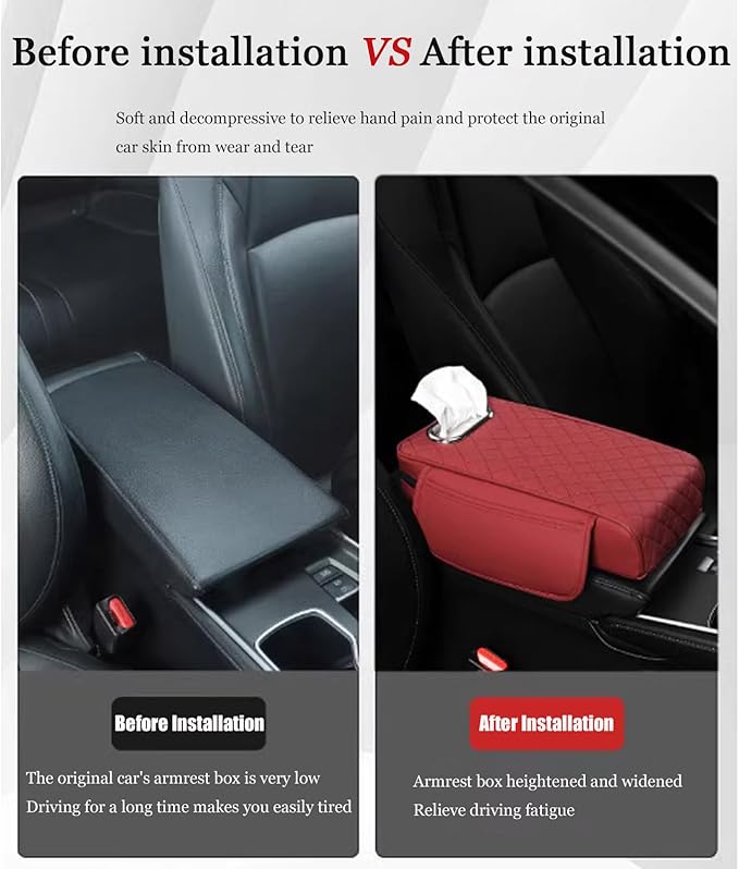 Car Center Console Cover for Fiat 500L (Type 330) 2012-2021, Leather Car Arm Rest Cover, Car Armrest Cushion with 2 Storage Bags Car Center Console Armrest Pad, C Black+Red