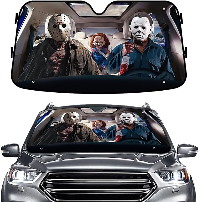 GENANY Horror Movie Character Windshield Sun Shade for Jeep (53x17 inches), Sun Shade Windshield, Shades for Front Windows, Protector Blocks UV, Xmas Auto Gifts, Christmas Car Decor