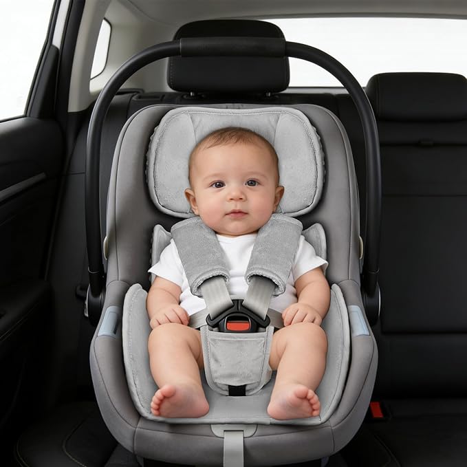 Infant Car Seat Insert Head and Body Support Thickened, GFU 3-in-1Reversible Newborn Insert for Carseat with Strap Pads, Soft Stroller Cushion Pillow Insert for Boys and Girls, Grey
