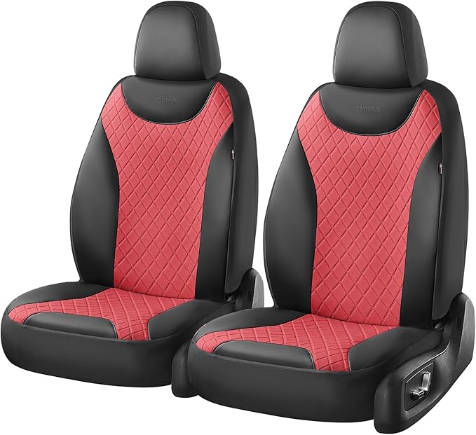 Coverado Front Seat Covers, 2 Packs Leather Seat Covers for Cars, Driver Seat Protectors with Splicing Design,Waterproof Car Seat Cushions Universal Seat Covers Fit for Most Cars, Black & Red