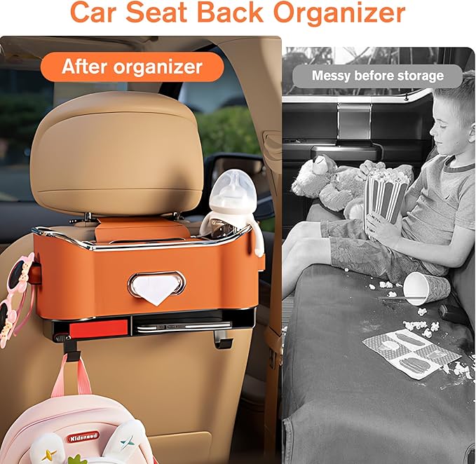 Multifunctional Car Seat Back Storage Box, Universal Car Seat Organizer, Car Seat Tissue Box and Organizer, Car Seat Paper Towel Organizer, Car Organizer with 2 Drink Cup Holders (Brown)