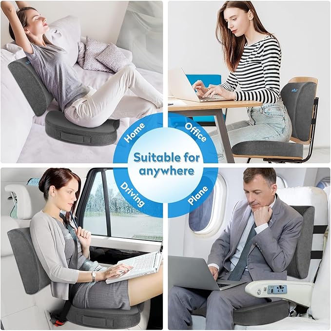 CloudBliss Lumbar Support Pillow & Seat Cushion Set for Office Chair, Desk Chair, Wheelchair & Car–Memory Foam Back Support, Ergonomic Chair Cushions,Sciatica Pain Relief,Home Essentials(Grey,XL)