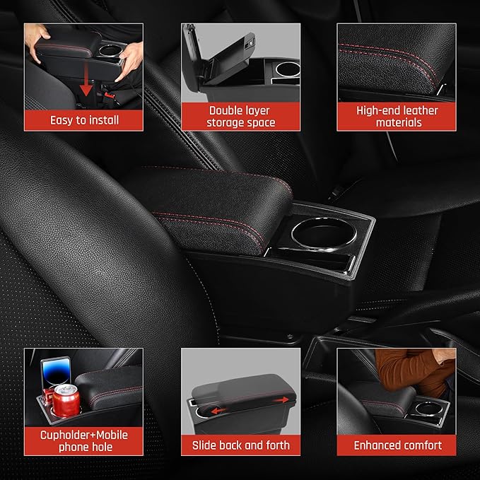 YJYWZH Car Armrest Box for Nissan Kicks Accessories 2016-2021 Center Console Storage Organizer Double Layer Space with Cup Holder Mobile Phone Holder (Red Thread)