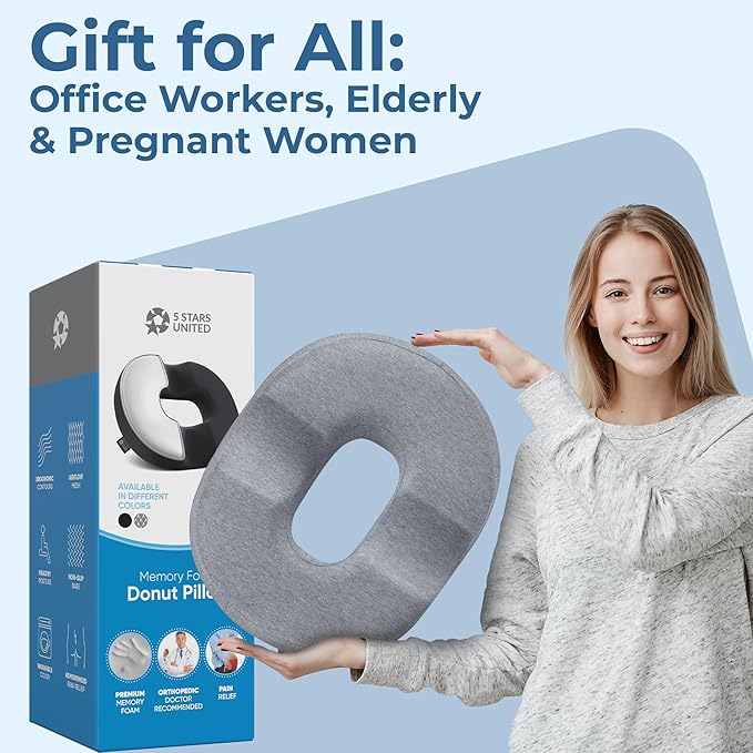 5 STARS UNITED Donut Pillow Hemorrhoid Tailbone Cushion โ Large Floor Cushion for Pain Relief โ Coccyx, Prostate, Sciatica, Pelvic Floor, Pressure Sores, Pregnancy, Postpartum Recovery, Gray