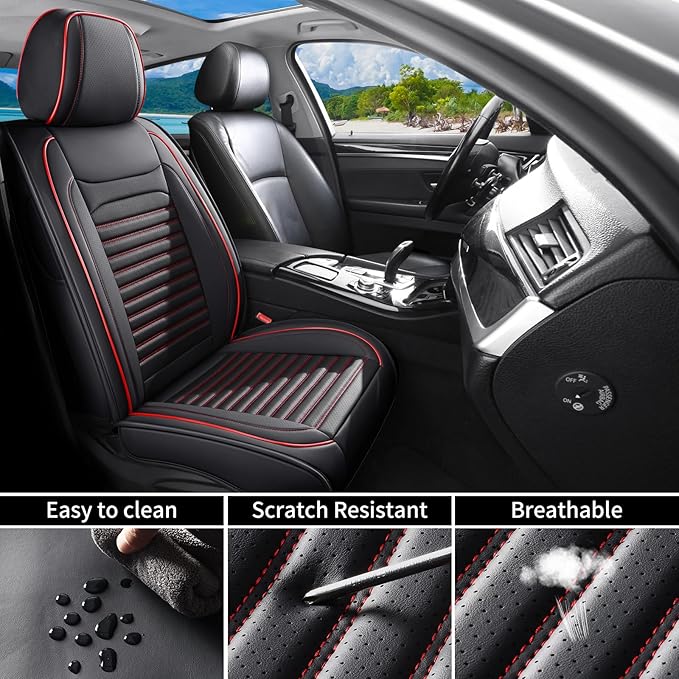 Car Seat Covers Full Set Fit for Toyota 4Runner 2001-2026, Premium Faux Leather Car Seat Protector,Breathable Anti-Slip Full Wrapping Edge Seat Covers(Black&Red,Full Set)