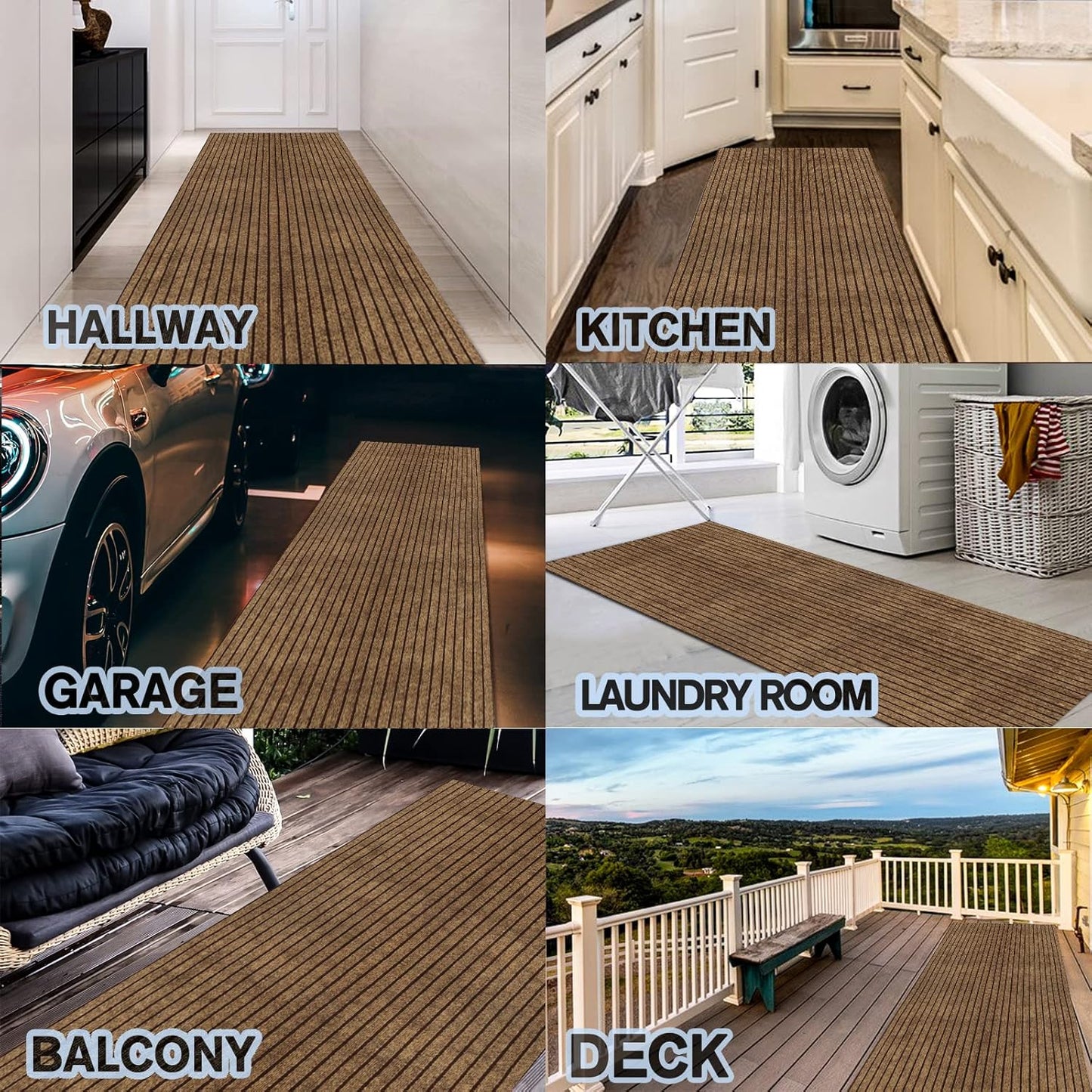 Custom Size Backed Non-Slip Area Rugs Runner, Easy Clean, Waterproof Runner Rugs for Hallway Entryway, Kitchen, Laundry, 3FT x 69FT, Brown Stripe