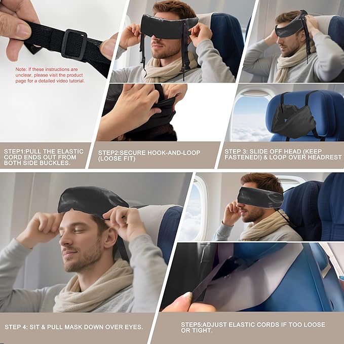 Travel Pillows for Airplanes, Airplane Head Strap with Silk Eye Mask for Sleeping, Long Flights & Car Road Trips 360°Headrest Neck Support, Stops Bobbing, Small & Compact(Black)