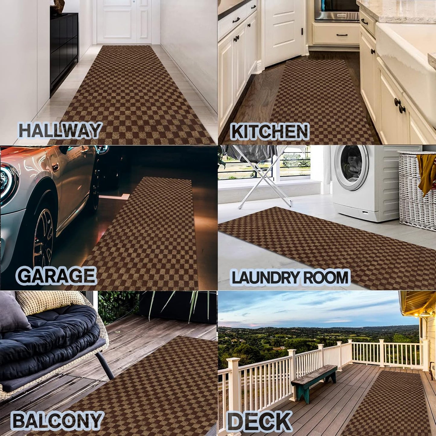 Custom Size Backed Non-Slip Area Rugs Runner, Easy Clean, Waterproof Runner Rugs for Hallway Entryway, Kitchen, Laundry, 3FT x 24FT, Brown Checkered