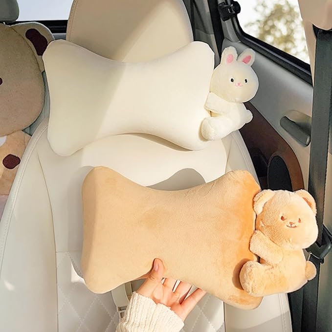 Car Headrest Pillow 2PCS Plush Bear & Bunny Car Seat Headrest Pillow - Memory Foam Neck Support Cushions for Comfortable Driving, Easy Install & Washable (White Rabbit)