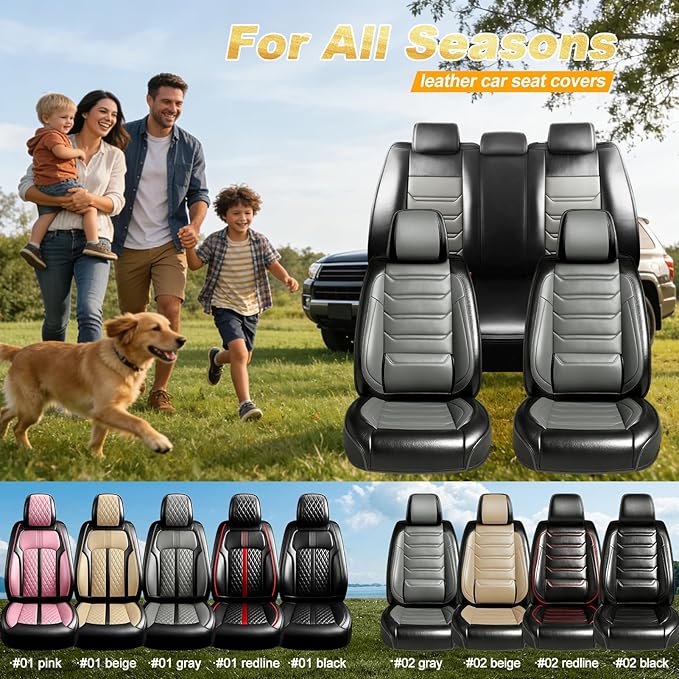 Fit Impala Car Seat Covers for Chevrolet/Chevy Impala 2000-2020, Premium Full Coverage Leather, Airbag Compatible, Waterproof All Weather Breathable Seat Protector, Front Pair Black+Gray