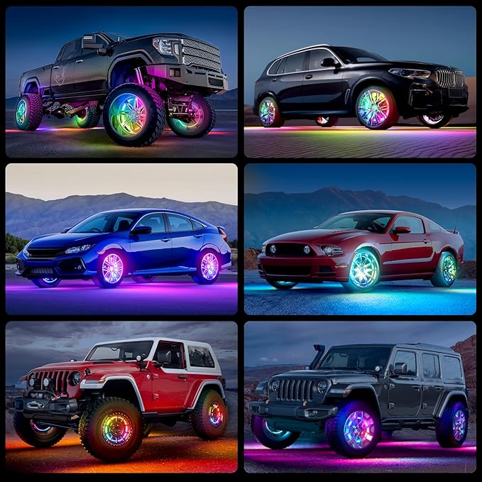 Ehaho 14''-18'' Double Row Adjustable Wheel Lights, Brighter RGB Chasing Rim Lights with App, Music Wheel Ring Light with Turn & Braking Signal Compatible with Various Trucks SUV Car(4PCS)