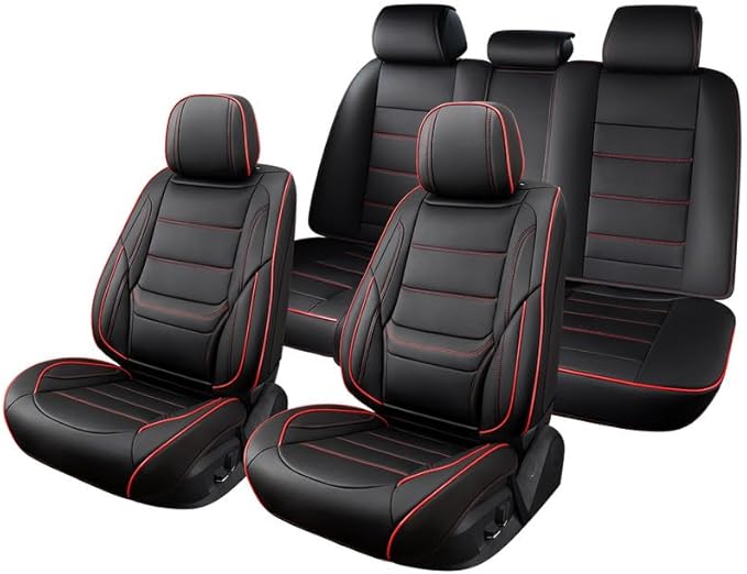 Car Seat Covers Full Set Custom Fit for Buick Lacrosse 2004-2019-Luxury Leather with Lumbar Support, Breathable, Waterproof, Anti-Slip, Durable, Easy to Install (Black&Red,Full Set)