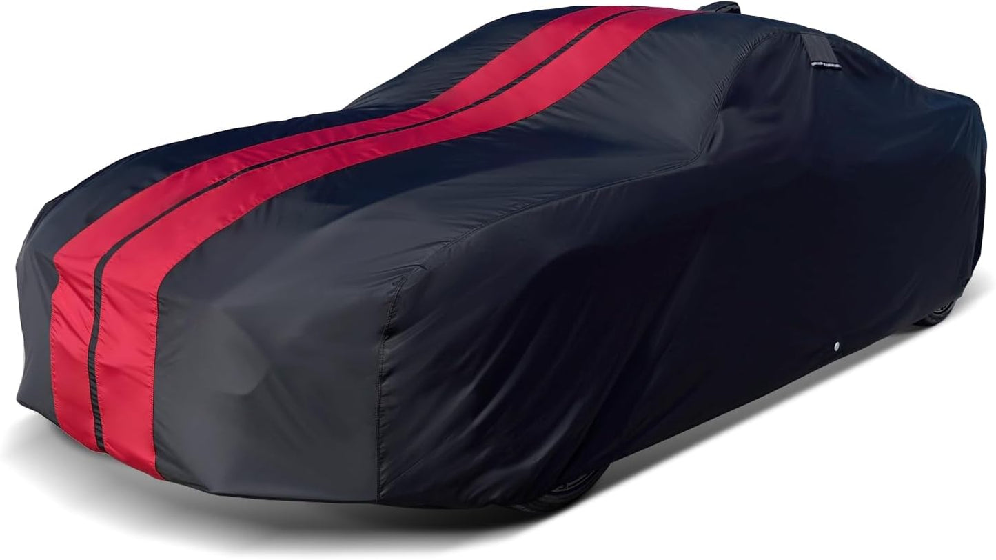 iCarCover Custom Car Cover for 1997-2019 Chevy Corvette C5, C6, C7 Waterproof All Weather Rain Snow UV Sun Protector Full Exterior Indoor Outdoor Car Cover (Stripe - Black/Red)