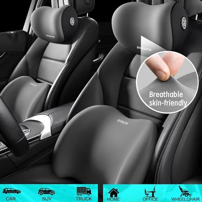 Car Headrest & Lumbar Support Cushion Kit, Ergonomic Car Seat Neck Pillow and Backseat Cushion for Driving Fatigue Relief, Driving Seat Memory Foam Neck Back Rest Pillows (Black)