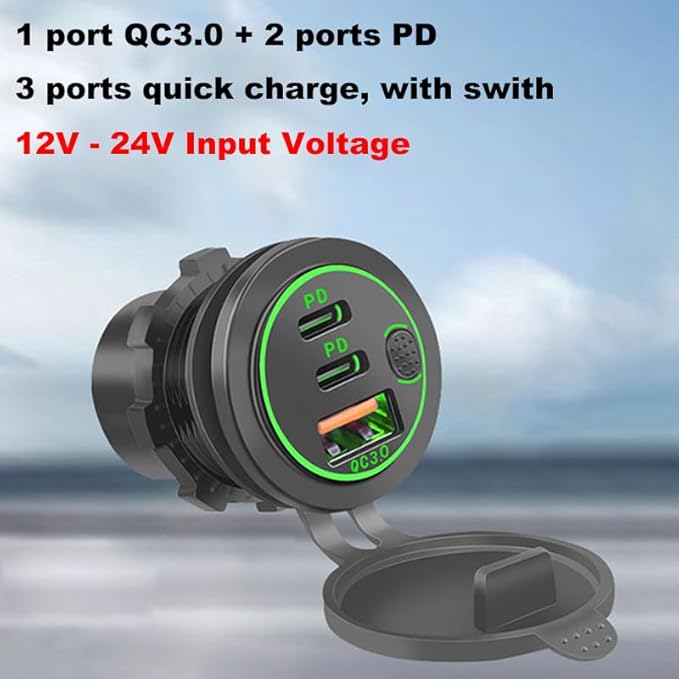3 Ports 18W USB Car Charger with Switch, 12-24V QC 3.0 USB & Dual PD USB C Cigarette Lighter Socket, Waterproof Dashboard Mount Quick Charger for Car Motorcycle Truck Marine Boat, Green Light