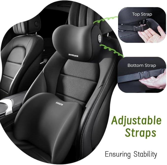 Car Headrest & Lumbar Support Cushion Kit, Ergonomic Car Seat Neck Pillow and Backseat Cushion for Driving Fatigue Relief, Driving Seat Memory Foam Neck Back Rest Pillows (Black)
