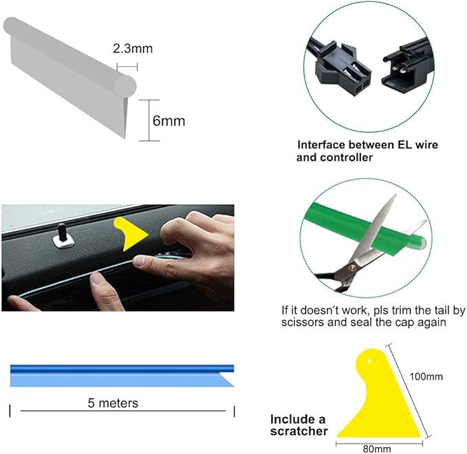 MaxLax Yellow EL Wire Car Interior LED Kit - 16.4ft Flexible neon-Style Wire with 12V Fused Power Supply. Features 6mm Reinforced Edge for Easy auto Installation