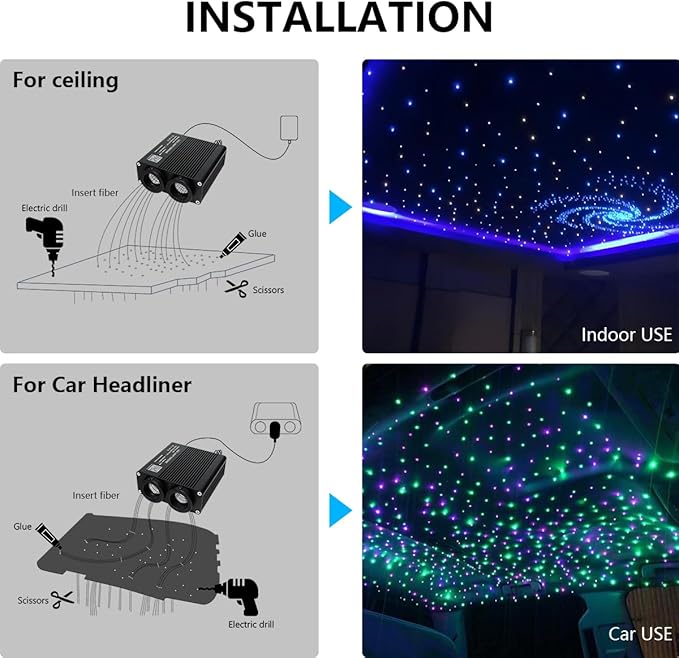 32W RGBW APP Small Size Fiber Optic Lights, Music Activated 600pcs*0.03in(9.8ft/3m) Optical Fiber Star Ceiling Light Kit for Car Headliner Star/Home