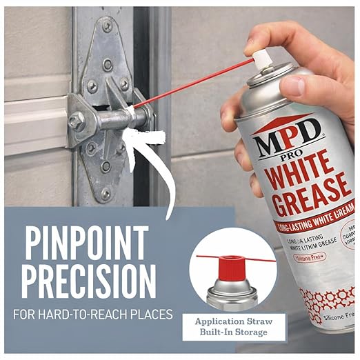 MPD PRO White Lithium Grease Spray, Marine-Grade Drip-Free Lubricant, Non-Staining High-Solid Formula for Garage Doors, Hinges, Chains & Automotive Use – 11 oz (1-Pack)