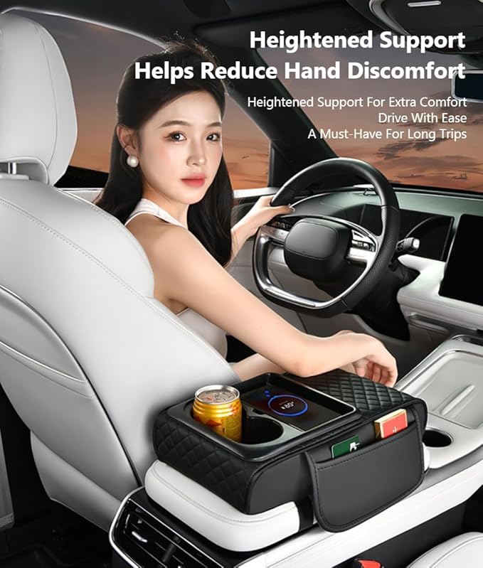 Car Armrest Pad with Built-in Induction Charging, Leather Center Console Cushion with 15W Power Pad, Dual Cup Holders, Storage Pockets - Coffee
