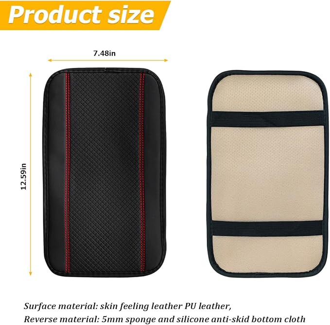 Car Armrest Seat Box Cover, Comfortable Leather Automotive Center Console Cushion Pad, Soft Waterproof Vehicle Arm Rest Protector Mat Accessories, Universal for RV, SUV, Truck (Black/Red)
