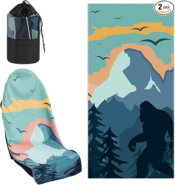 2 Pack Car Seat Towel Covers with Storage Bag 63 x 32 Inch Athletic Running Towel Seat Sweat Washable Non Slip Cover Gift for Car Outdoor Sport Activities (Sasquatch)