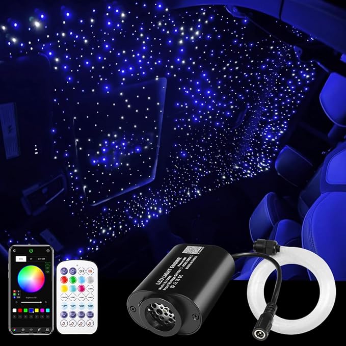 AMKI Mini 6W Starlight Headliner Kit 600pcs 0.03in 9.8ft,Twinkle+Sound Activated Fiber Optic Light 4Lamp Beam Starlight Box APP/Remote Control for Car Home Star Ceiling Decoration