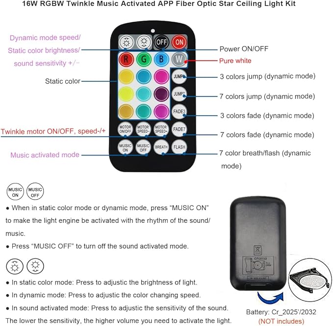 AKEPO Small Size 16W RGBW APP Twinkle Fiber Optic Lights, Music Activated 300pcs 0.03in 9.8ft/3m Optical Fiber Star Ceiling Light Kit for Car Headliner Star/Home