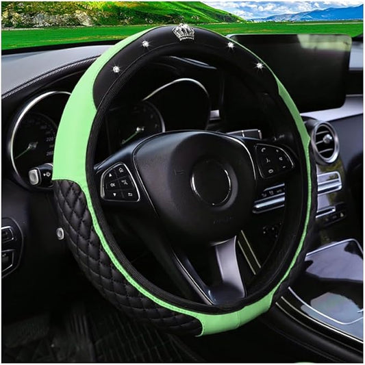 Bling Car Steering Wheel Cover, Diamond Leather Crystal Rhinestones Vehicles Steering Wheel Protector, Sparkling Anti-Slip Automotive Interior Decoration Accessories, Universal Fit (Green)