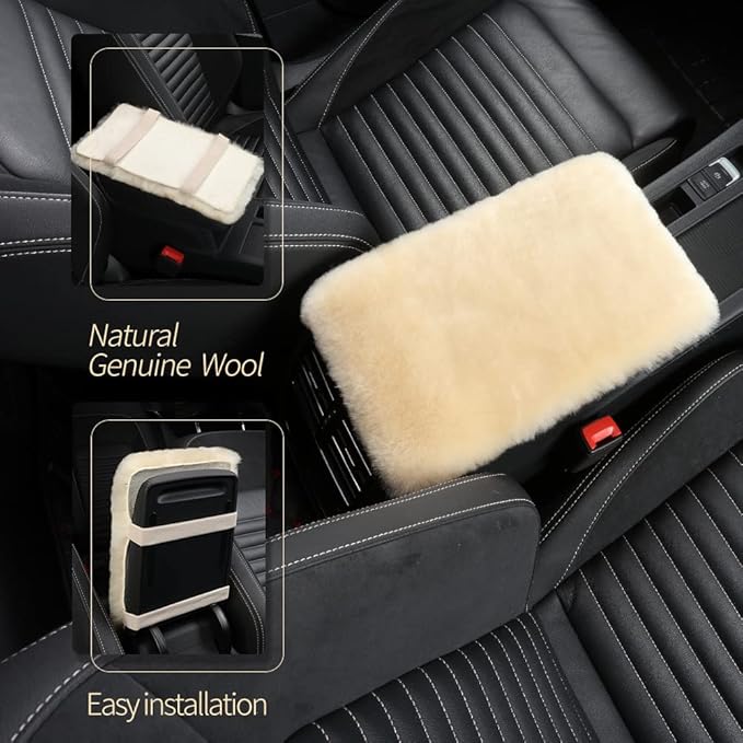 Sheepskin Armrest Cover Auto Center Armrest Cover Car Soft Console Pad, Fluffy Wool Auto Center Console Cover for Most Car Arm Rest Decoration Protector 7 x 13 Inch (Shearling, Pearl)