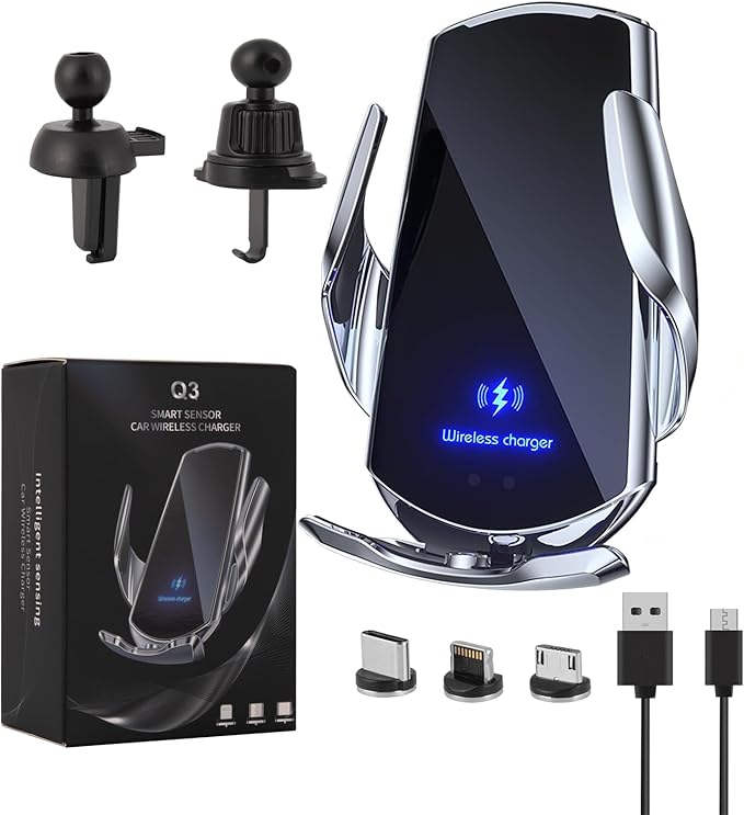 Wireless Car Charger Car Phone Holder Mount Wireless Charging 15W Fast Charging Auto Clamping Car Charger Phone Mount Holder fit for All Android Smartphone(Silver)