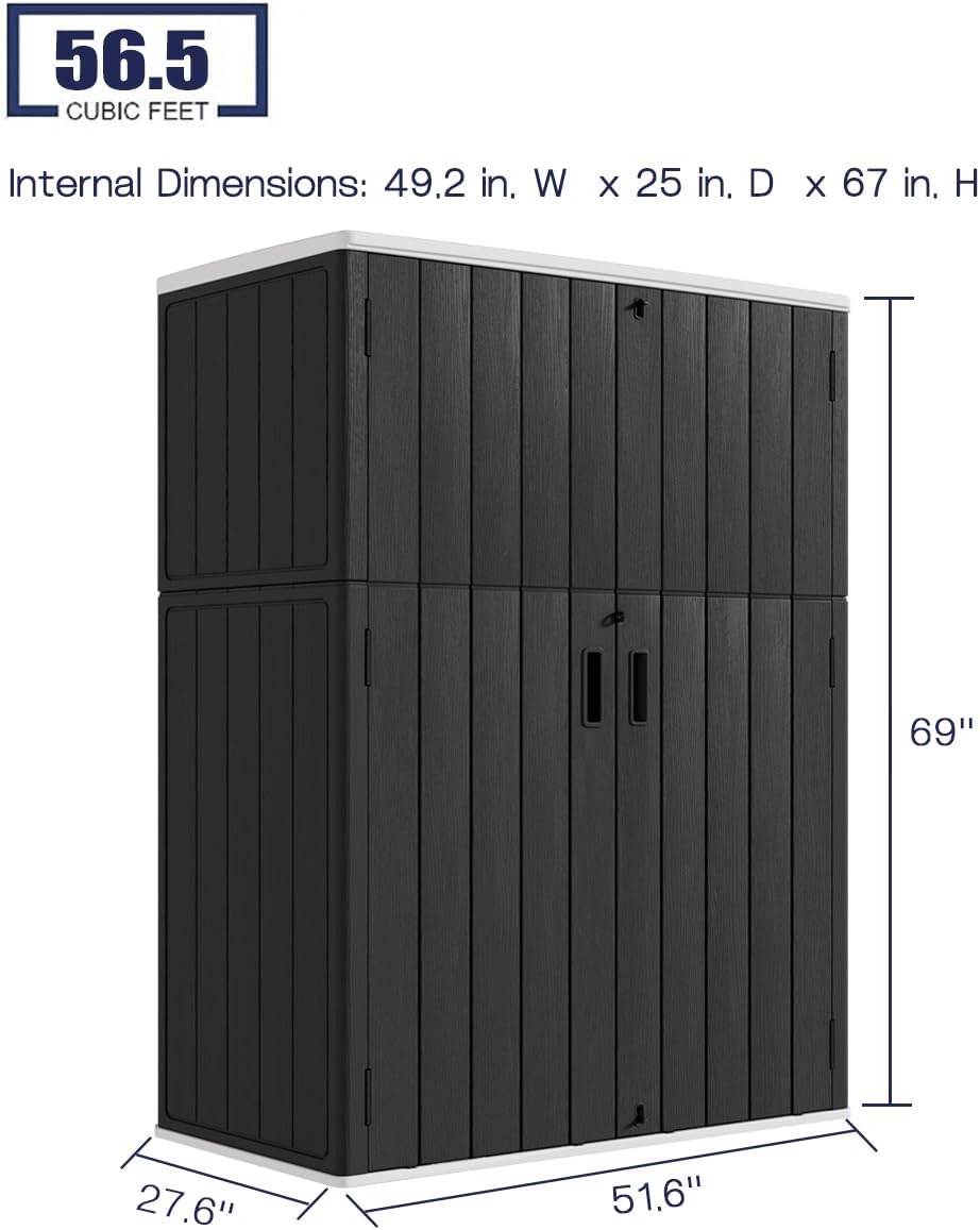 KINYING Outdoor Storage Cabinet Waterproof, 57 Cu.ft Resin Vertical Outdoor Storage Shed for Patio Furniture, Garden Tools, Pool Accessories, Mower Storage (Black)