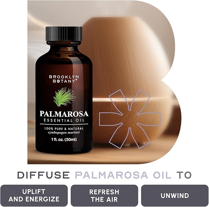Brooklyn Botany Palmarosa Essential Oil - 100% Pure and Natural - Premium Grade Oil with Dropper - for Aromatherapy and Diffuser - 1 Fl Oz