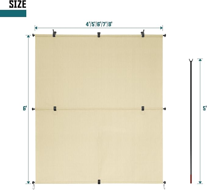 Bynbbur 4'W x 15'H Outdoor Patio Shades Foldable Roller Blinds, 220 GSM Sun Shade Roll Up Porch Screens Exterior Shade Cloth for Deck Pergola Backyard, Beige