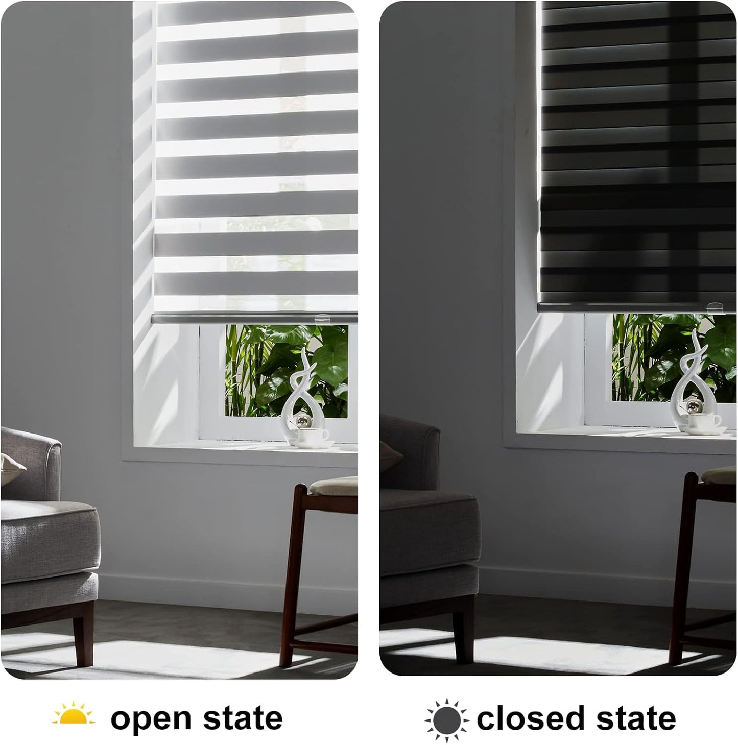 Persilux Cordless Zebra Blinds for Windows (58" W X 72" H, Grey) Free-Stop Roller Windows Shades Dual Layer Light Control for Day and Night, Light Filtering Sheer Shades for Home