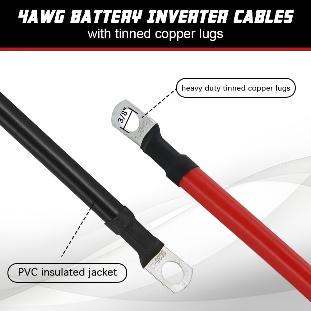 4 AWG Battery Cable 4FT 4 Gauge Pure Copper Battery Inverter Cables with 3/8 in Lugs Both Ends Power Inverter Wire Set for Automotive Solar Power Inverter Marine Boat RV Car Motorcycle (4 FT)