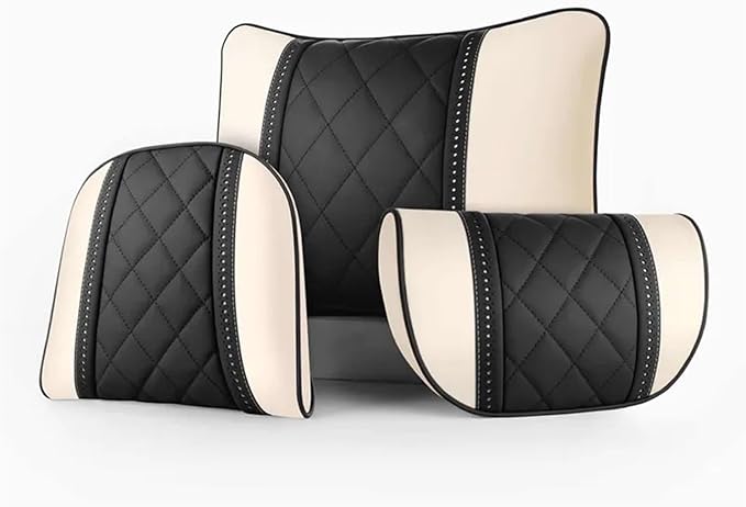 Car seat headrest Leather Car Fit for Seat Rest Cushion Headrest Car Neck Pillow Fit for BMW (Color : Beige)
