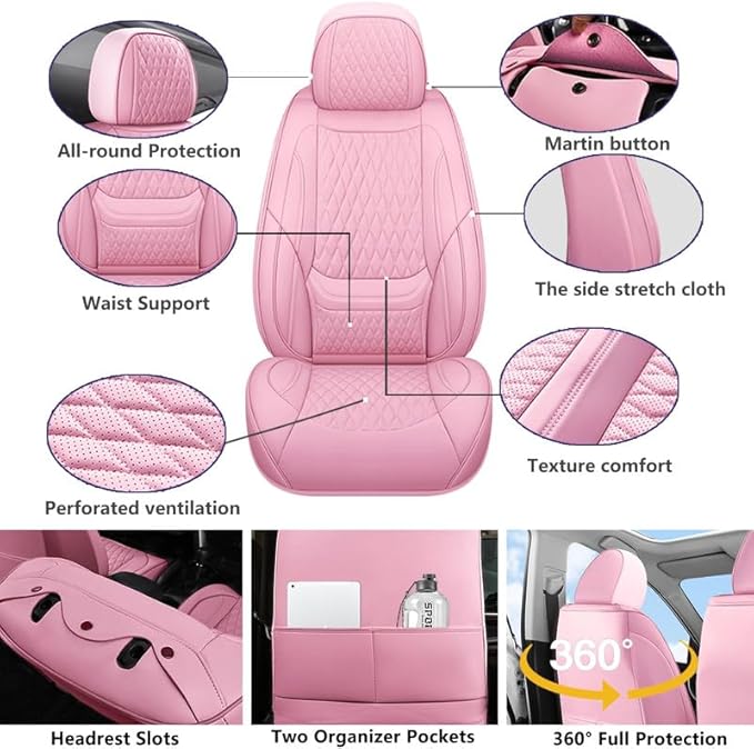Car Seat Covers Full Set Custom Fit for Ford Focus 2000-2018 - Premium Faux Leather with Lumbar Support | Breathable, Waterproof, Anti-Slip, Durable (Pink,Full Set)